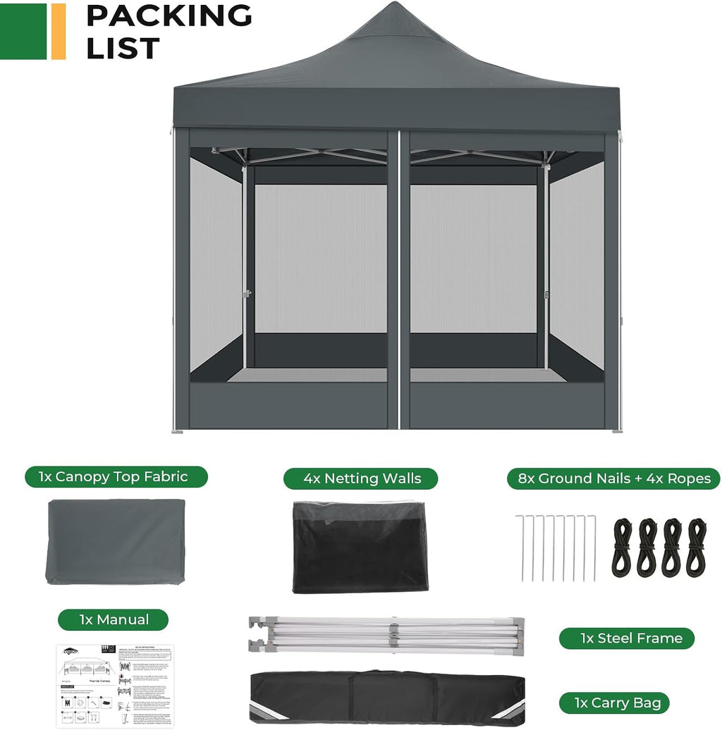 COBIZI 10x10 Heavy Duty Pop Up Canopy Tent with 4 Sidewalls, Easy Set Up Outdoor Waterproof Screen Commercial Party Tent with Mosquito Netting for Parties Backyard Patio, Carry Bag, Gray