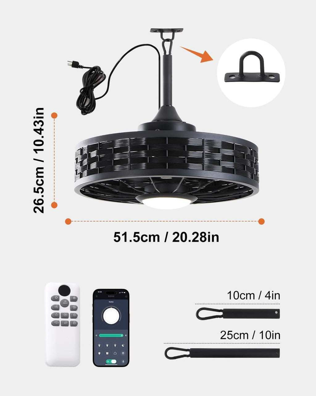 Outdoor Ceiling Fans with Light for Patios, 20' Weatherproof Gazebo Fan with Hanging Hook, Remote Control & APP, 6 Speeds, 3CCT, Caged Plug in Ceiling Fan for Patio