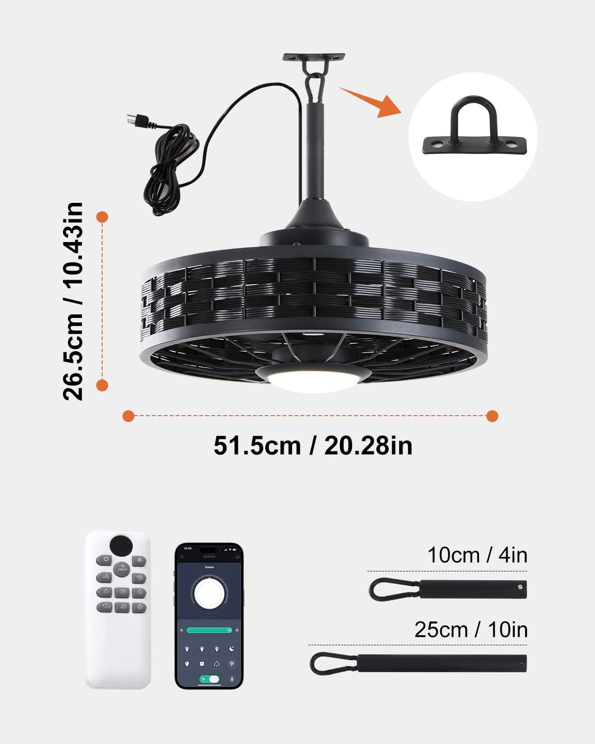 Outdoor Ceiling Fans with Light for Patios, 20' Weatherproof Gazebo Fan with Hanging Hook, Remote Control & APP, 6 Speeds, 3CCT, Caged Plug in Ceiling Fan for Patio