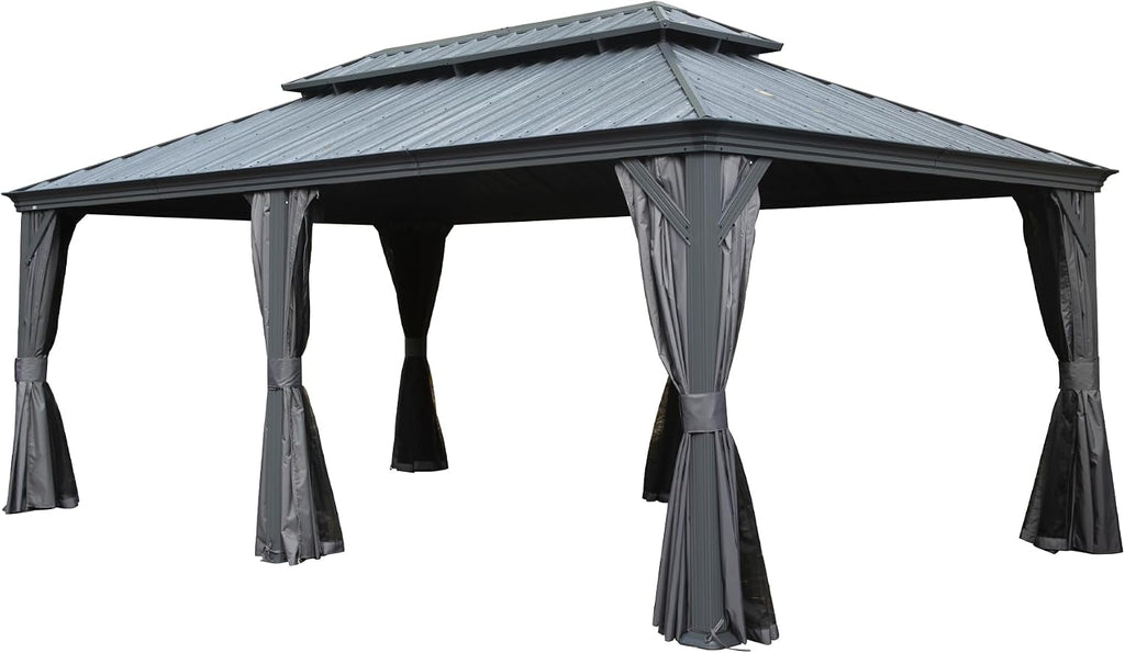 GOWE 12' X 18' Hardtop Gazebo Outdoor Metal Gazebo with Galvanized Steel Double Roof Canopy, Aluminum Frame, Curtains and Netting for Patio, Deck, Garden, Grey