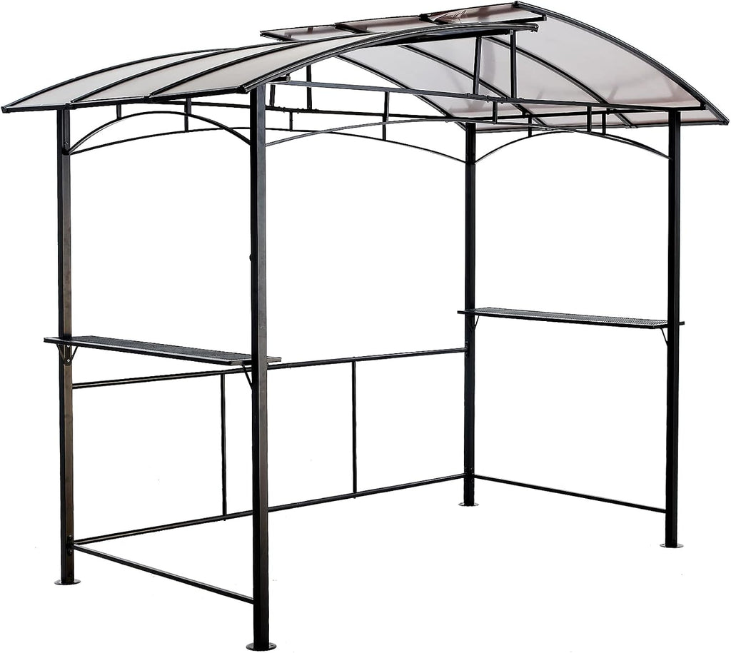 8'x5' Hardtop Grill Gazebo, Outdoor BBQ Gazebo with Interlaced Vented Polycarbonate Roof, Permanent Hard Top Gazebo with Two Shelves, Steel Barbeque Grill Canopy for Patio, Deck, Backyard and Garden