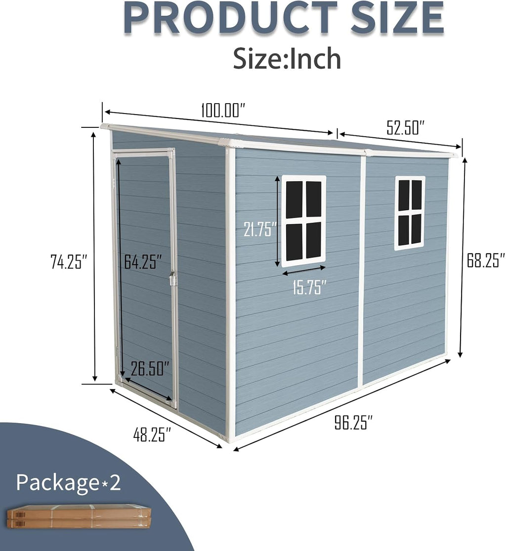 4x8 ft Outdoor Resin Storage Shed with Floor and 2 Windows, Waterproof Plastic Garden Shed with Lockable Door and Air Vents, All-Weather Tool Sheds for Backyard, Patio, Lawn (Grey)