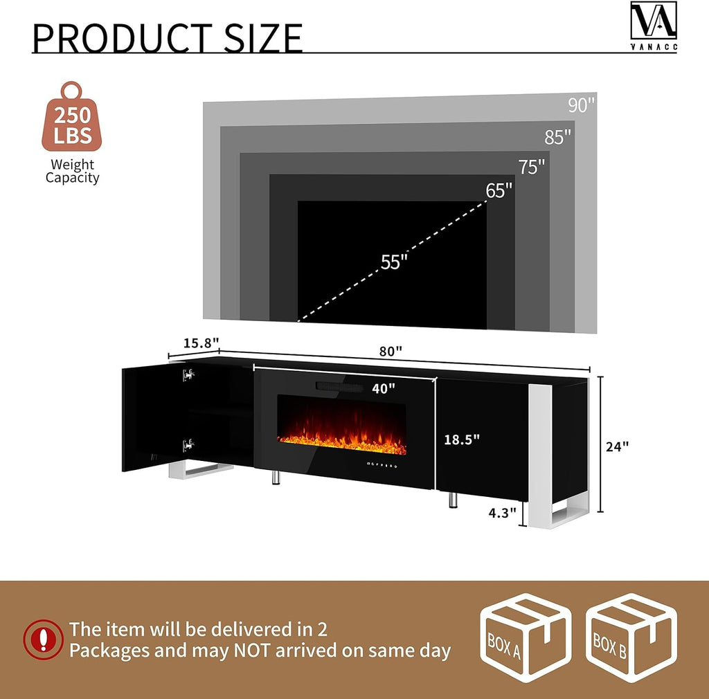 VanAcc 80' Fireplace TV Stand with 40' Electric Fireplace, High Gloss Entertainment Center with LED Lights, Modern Entertainment Stand for TVs up to 90', Black