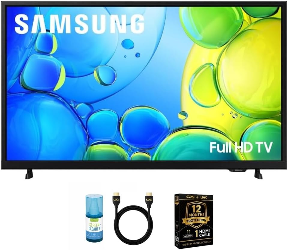 Samsung 32-Inch Smart LED TV Bundle – Full HD 1080p, HDR, Bluetooth, w/ 12 Month CPS Protection, AUX HDMI Cable, and Screen Cleaning.