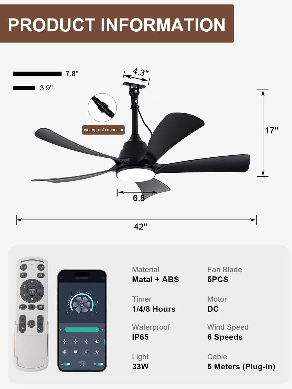 Bella Depot 42' Outdoor Ceiling Fan Black Waterproof Gazebo Fan with Light Smart App Remote Control Hanging Fan for Outside Patios Pergola Tent Plug-in Design (42'- Black)