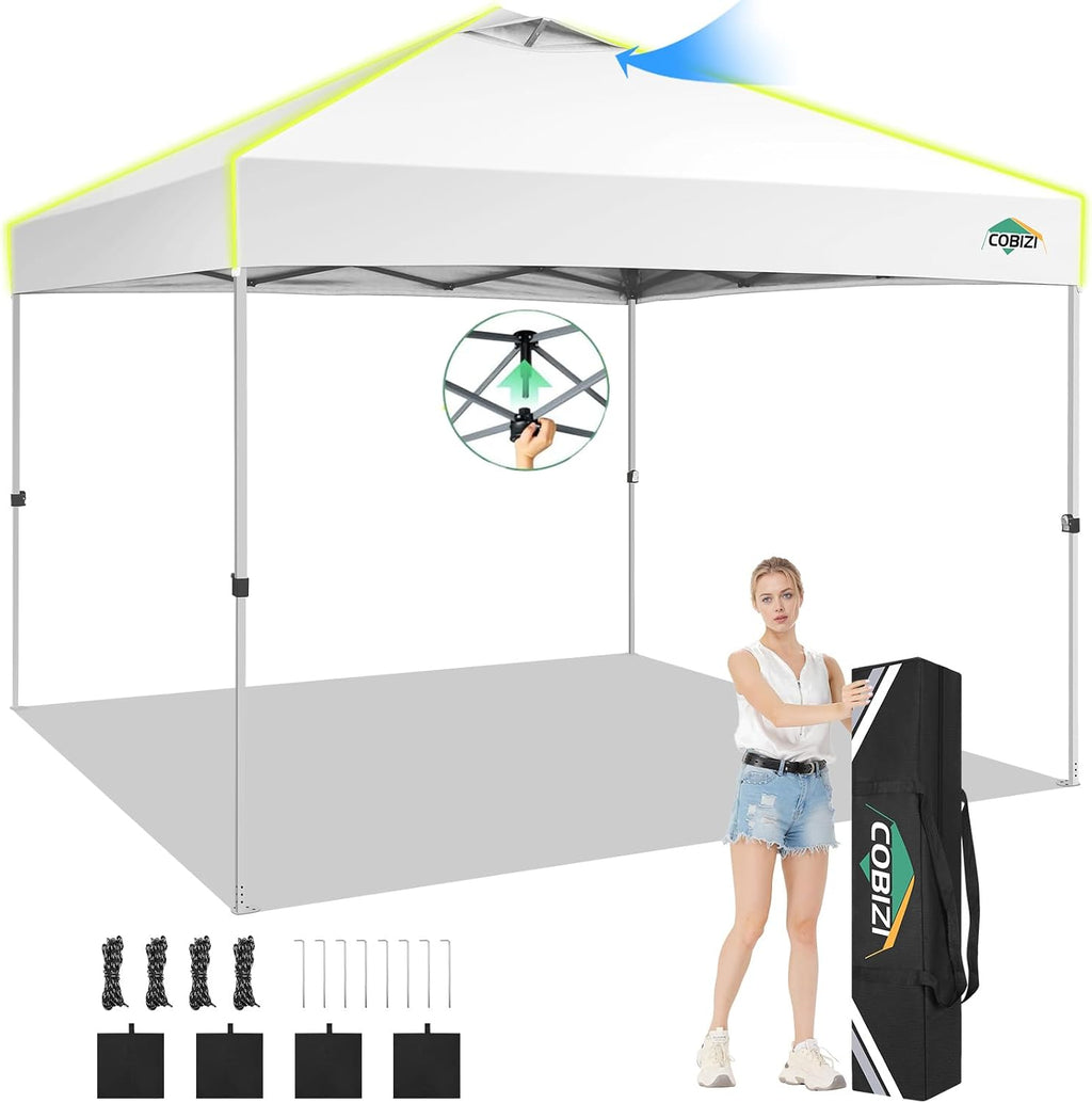 COBIZI 10x10 Pop Up Canopy Tent, Outdoor Party Tent Without Sidewall One Push Setup Glow, 3 Adjustable Height Air Vent Waterproof UPF50+, Bag, 4 Sandbag, 8 Stake, 4 Rope for Beach, Commercial