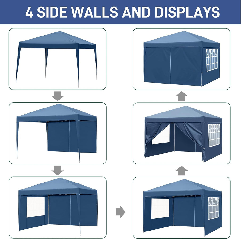 10x10 Pop Up Canopy Tent with Sidewalls, 3 Height Adjustable Beach Tent with Carrying Bag, 8 Stakes & 4 Ropes, Easy Set Up Gazebo for Events, Party, Wedding (10x10FT Blue with 4Sidewalls)