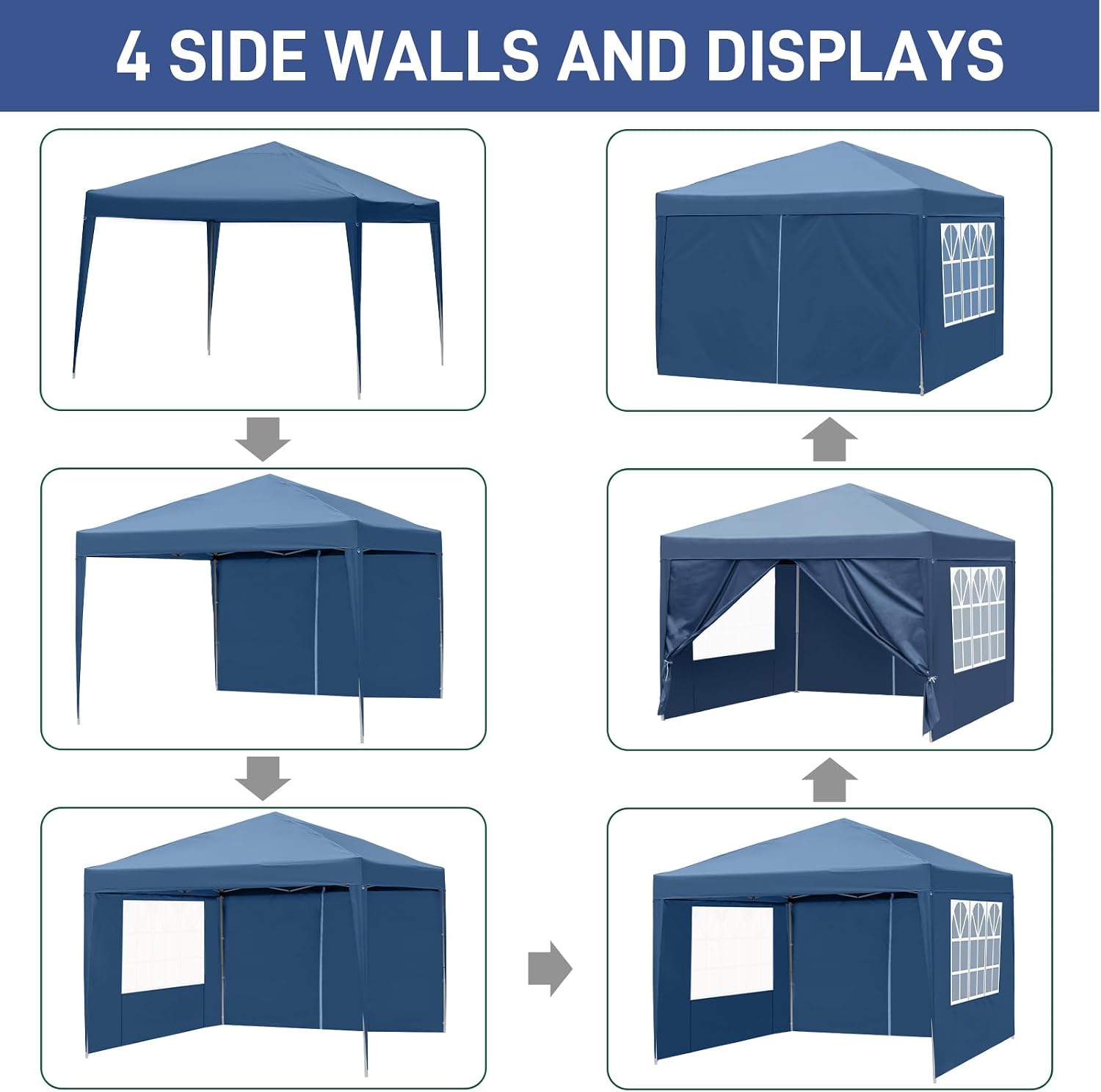 10x10 Pop Up Canopy Tent with Sidewalls, 3 Height Adjustable Beach Tent with Carrying Bag, 8 Stakes & 4 Ropes, Easy Set Up Gazebo for Events, Party, Wedding (10x10FT Blue with 4Sidewalls)