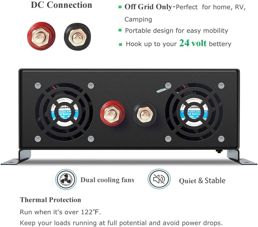 WZRELB 1000W 24VDC 120VAC Pure Sine Wave Power Inverter with 2 AC Outlets Wired Remote Control Car Inverter (RBP-100024WR)
