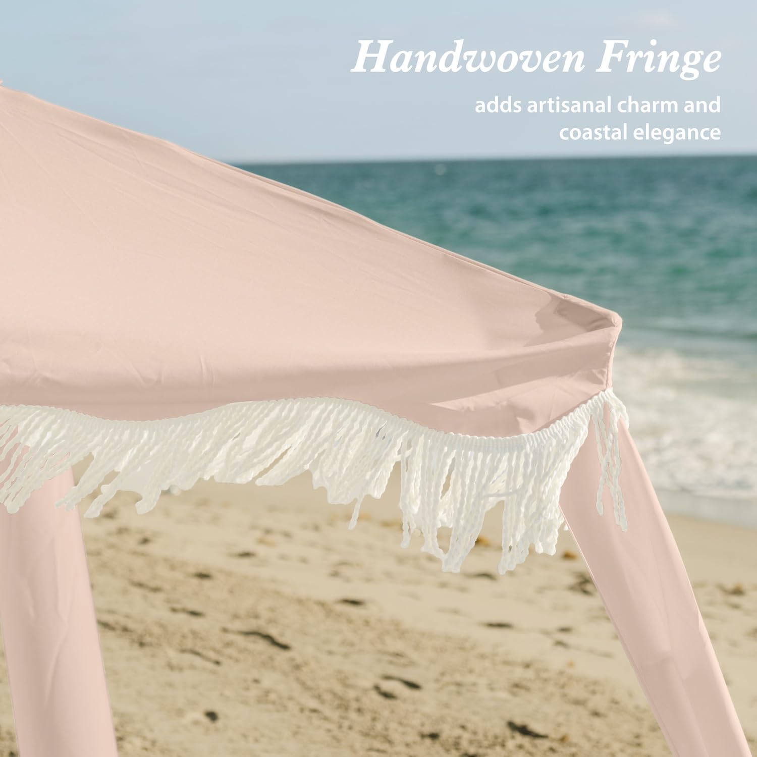 AMMSUN Beach Cabana with Fringe, 7' x 7' Boho Beach Canopy with Tassels, Easy Set up & Premium Wood Pole, Cabana Tent with Sand Pockets, Instant Sun Shade for Sand, Garden, Patio, Pink Coral