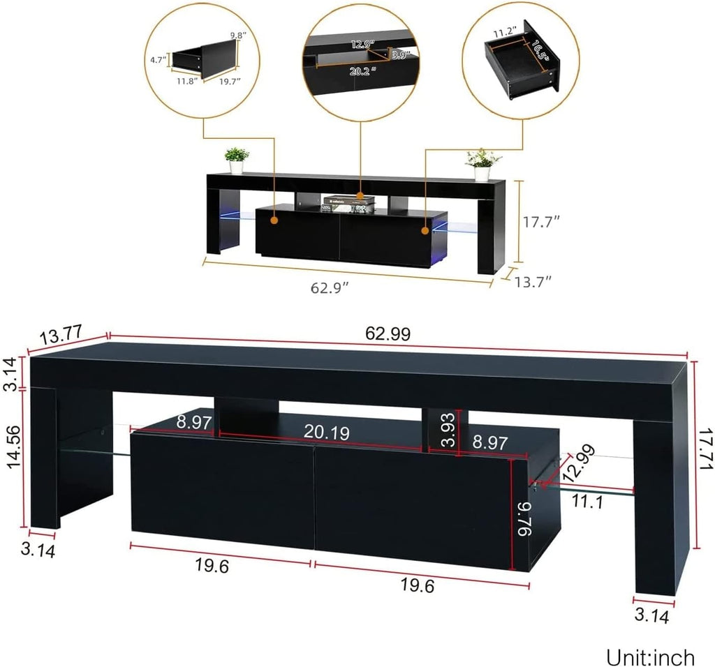 Black TV Stand, 60 65 70 75 inch Wood TV Stand, High Glossy Entertainment Center with Large Drawers＆Glass Display Shelf, LED Modern Media Gaming Cabinet TV Console for Livingroom, Bedroom