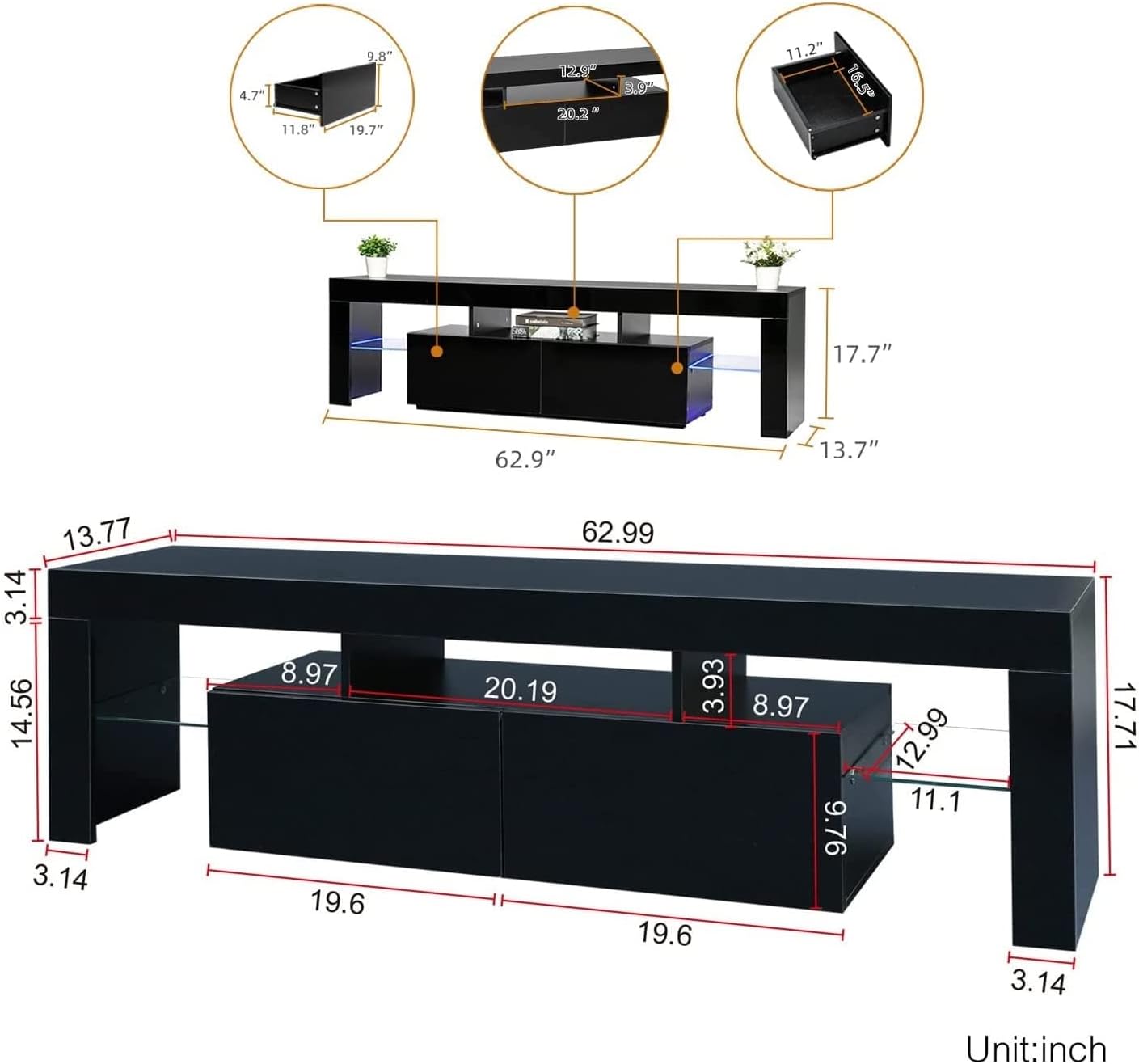 Black TV Stand, 60 65 70 75 inch Wood TV Stand, High Glossy Entertainment Center with Large Drawers＆Glass Display Shelf, LED Modern Media Gaming Cabinet TV Console for Livingroom, Bedroom