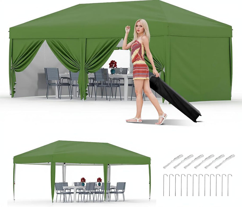 10X20 Ft Instant Pop-Up Canopy Tent-1-Push Setup Heavy Duty Portable Gazebo w/ 4 Weight Bags, Roller Bag & Full Accessory Kit | Waterproof Wind Resistant for Outdoor Events, Markets, Camping,Green