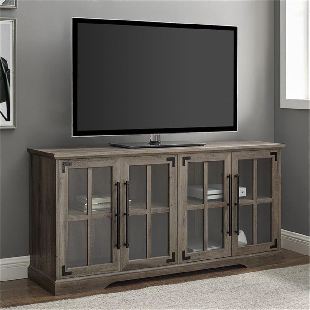 Pemberly Row Farmhouse 4 Door Wood TV Stand, Gray Wash Finish, Fits TVs up to 58', Adjustable Shelves, Cord Management, Tempered Glass Doors, Rustic Handles, Metal Accents, 28'H x 16'W x 58'D Media