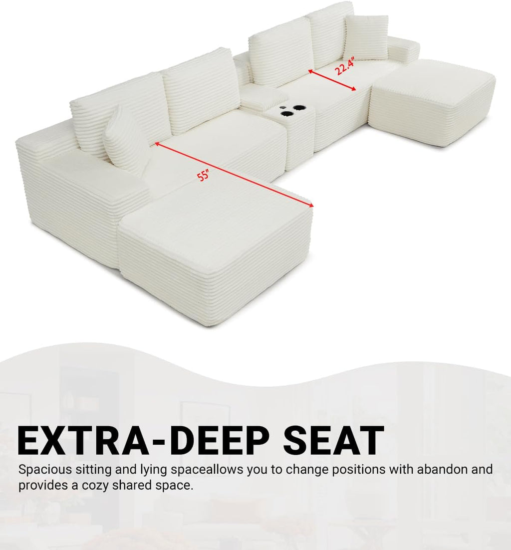 150' Oversized Modular Sectional Sofa, Deep Seat Cloud L-Shape Corduroy Couch with Cup Holders, USB Ports, Wireless Charging & Storage Box, Upholstered Modular Sleeper Sofa for Living Room (Beige)
