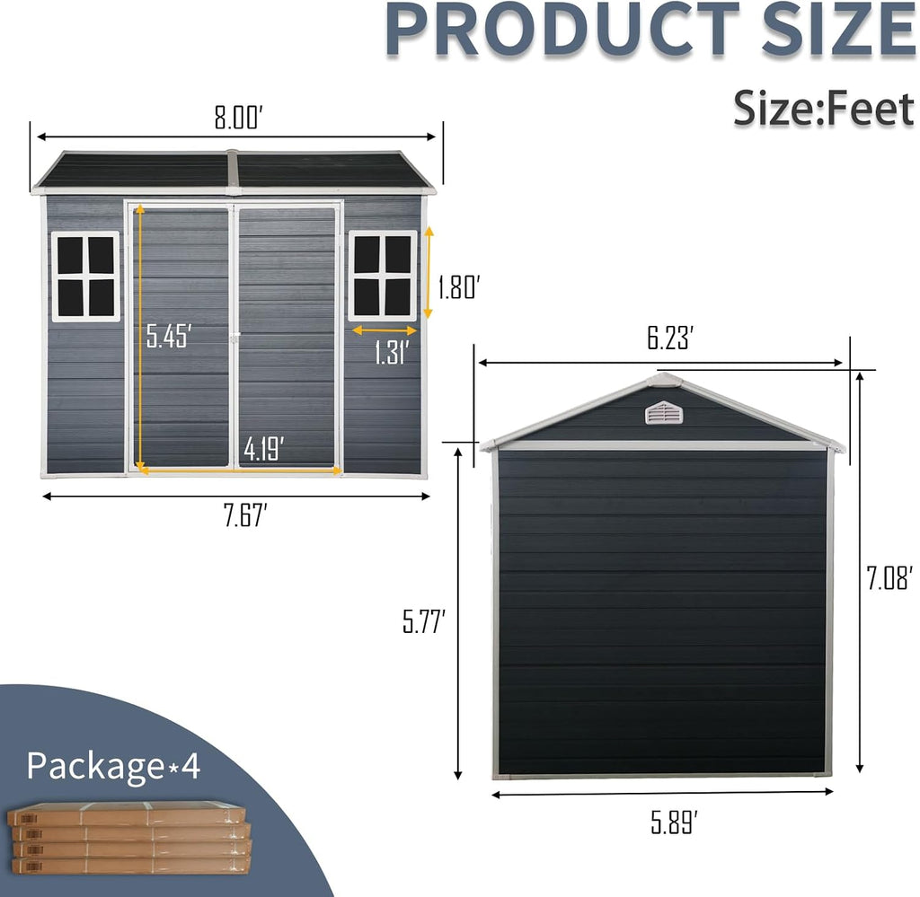 8x6 ft Outdoor Resin Storage Shed with Floor, Waterproof Plastic Tool Shed with Lockable Door and Two Windows, All-Weather Tool Sheds for Backyard, Patio, Lawn, Garden (Black, 8 x6 ft)