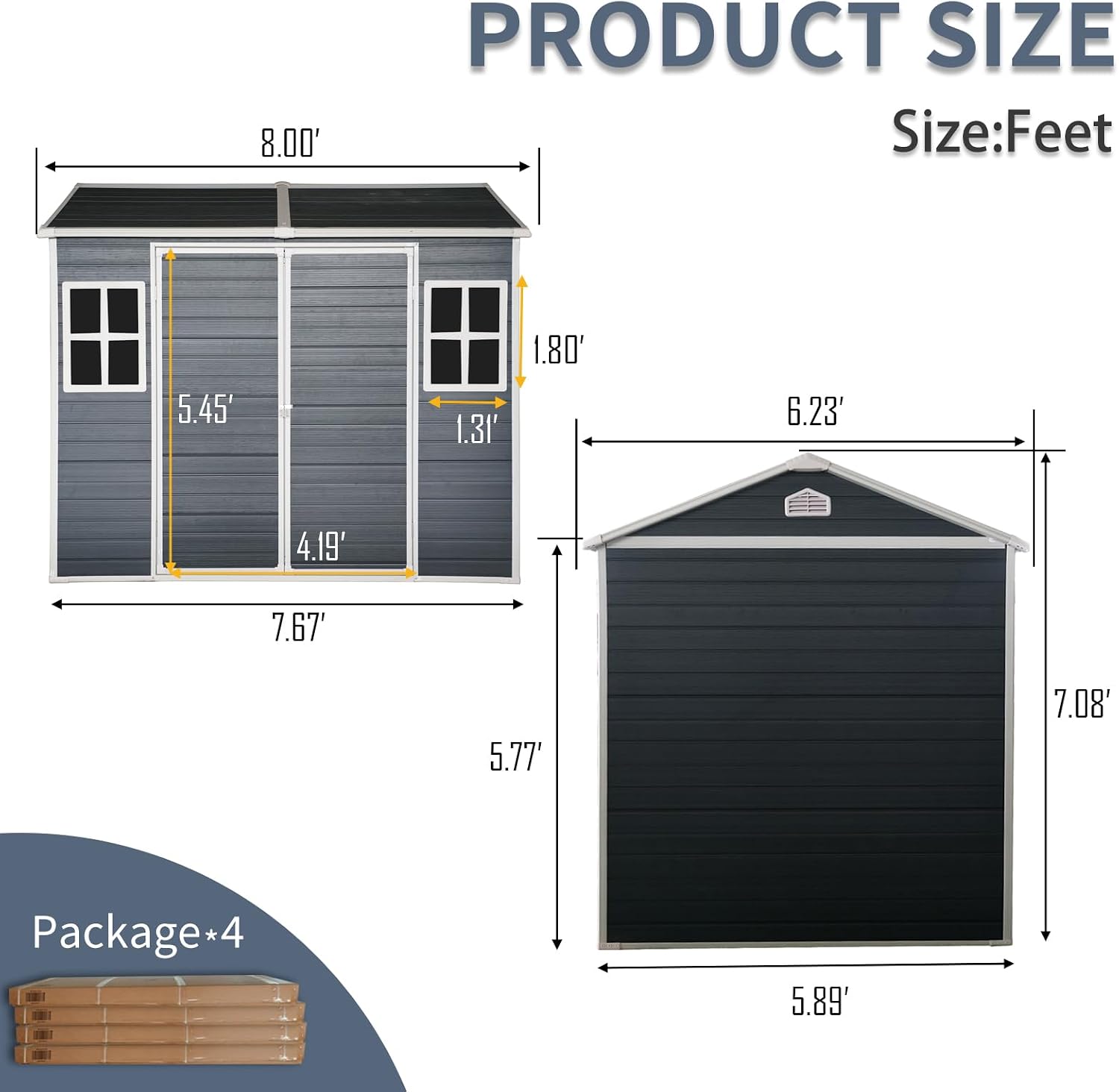 8x6 ft Outdoor Resin Storage Shed with Floor, Waterproof Plastic Tool Shed with Lockable Door and Two Windows, All-Weather Tool Sheds for Backyard, Patio, Lawn, Garden (Black, 8 x6 ft)
