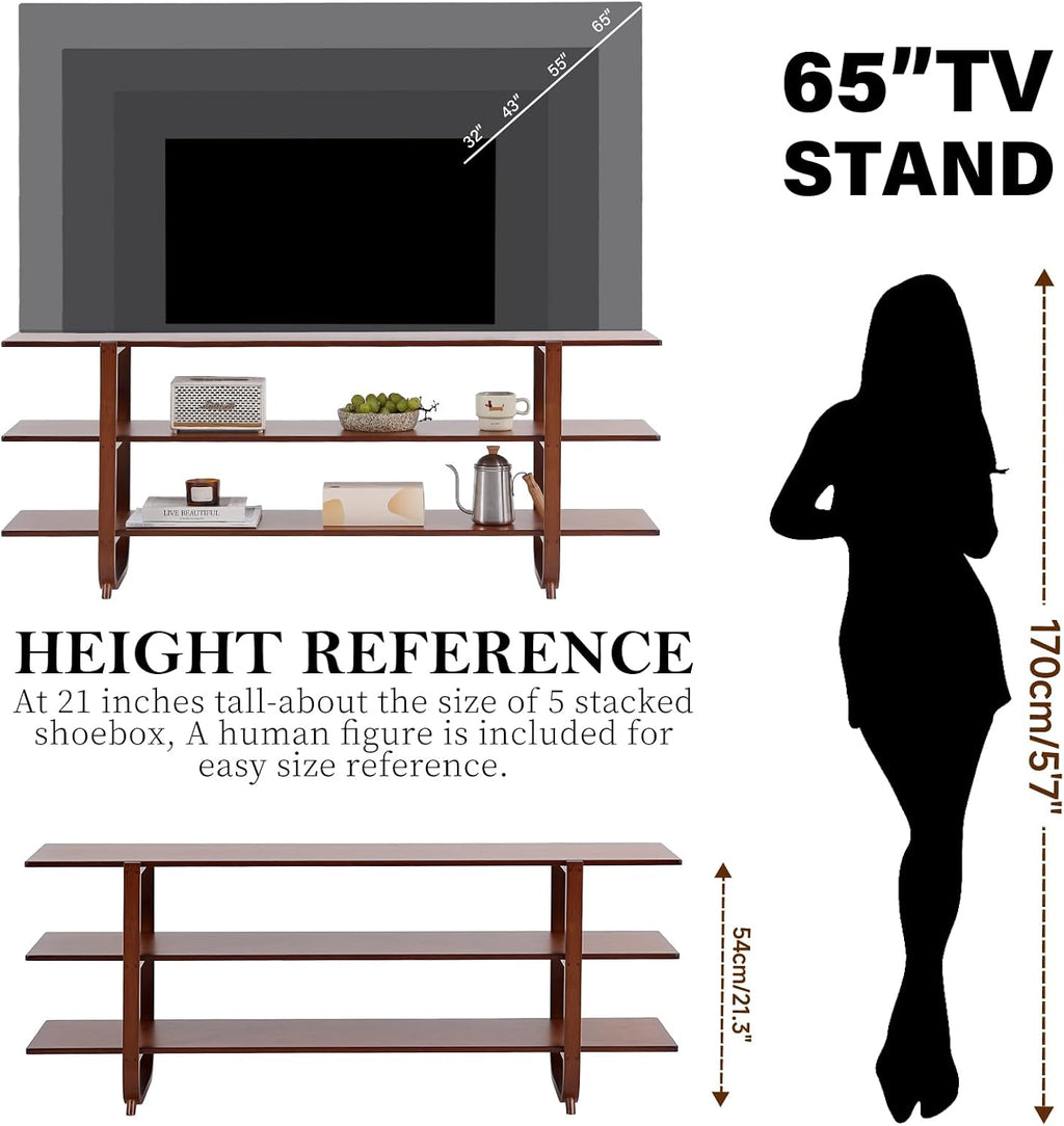 Welnow Bamboo TV Stand for Up to 65 Inch, Mid Century Modern Entertainment Center with 3-Tier Open Shelves, Storage Media Console Table for Living Room, Bedroom, Walnut