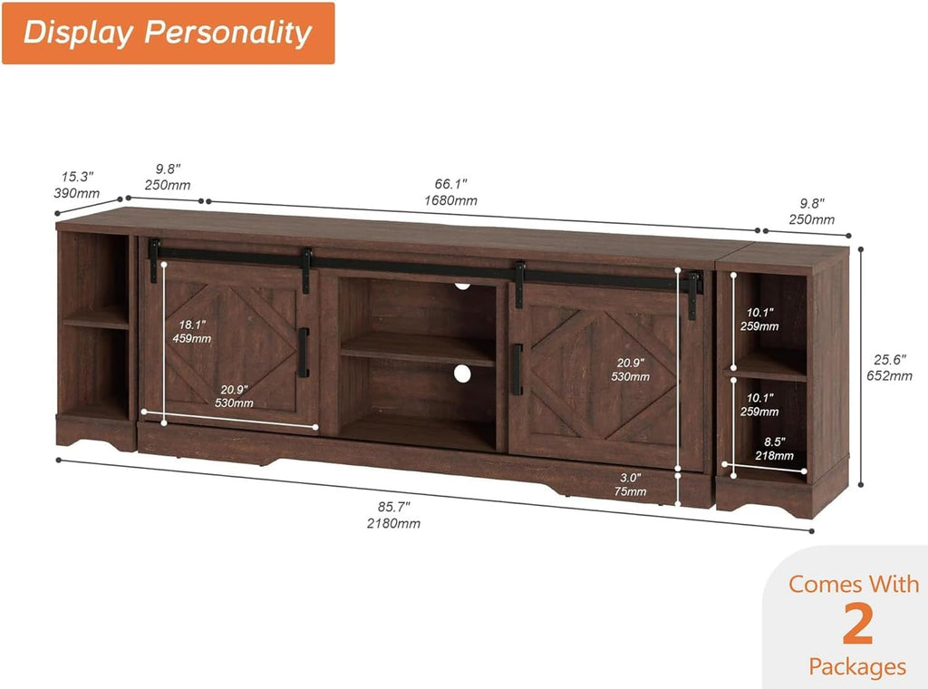 WAMPAT Modern Farmhouse 3 in 1 TV Stand for up to 95' TVs,Wood Media TV Console Table with Storage Cabinets and Sliding Barn Doors,Entertainment Center for Living Room Bedroom,Rustic Brown