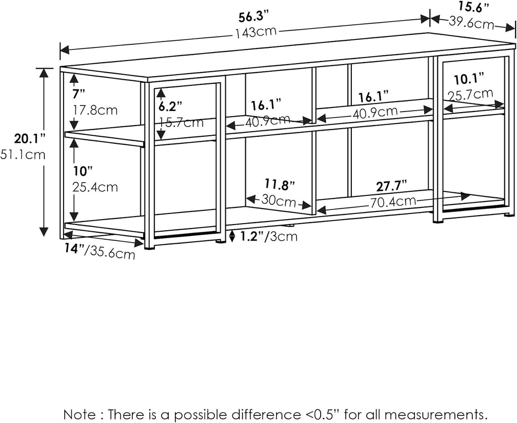 Furinno Camnus TV Stand, 3-Tier Modern Wide Entertainment Center with Metal Frame Support, TV Console with Open Back, for TVs up to 65 Inch, for Living Room, Bedroom, Americano
