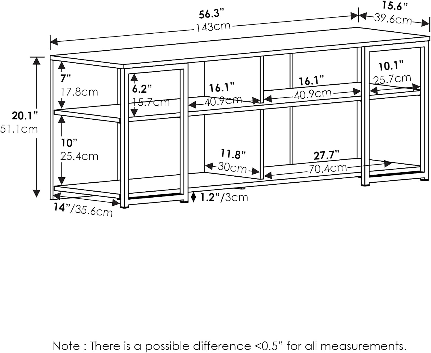 Furinno Camnus TV Stand, 3-Tier Modern Wide Entertainment Center with Metal Frame Support, TV Console with Open Back, for TVs up to 65 Inch, for Living Room, Bedroom, Americano