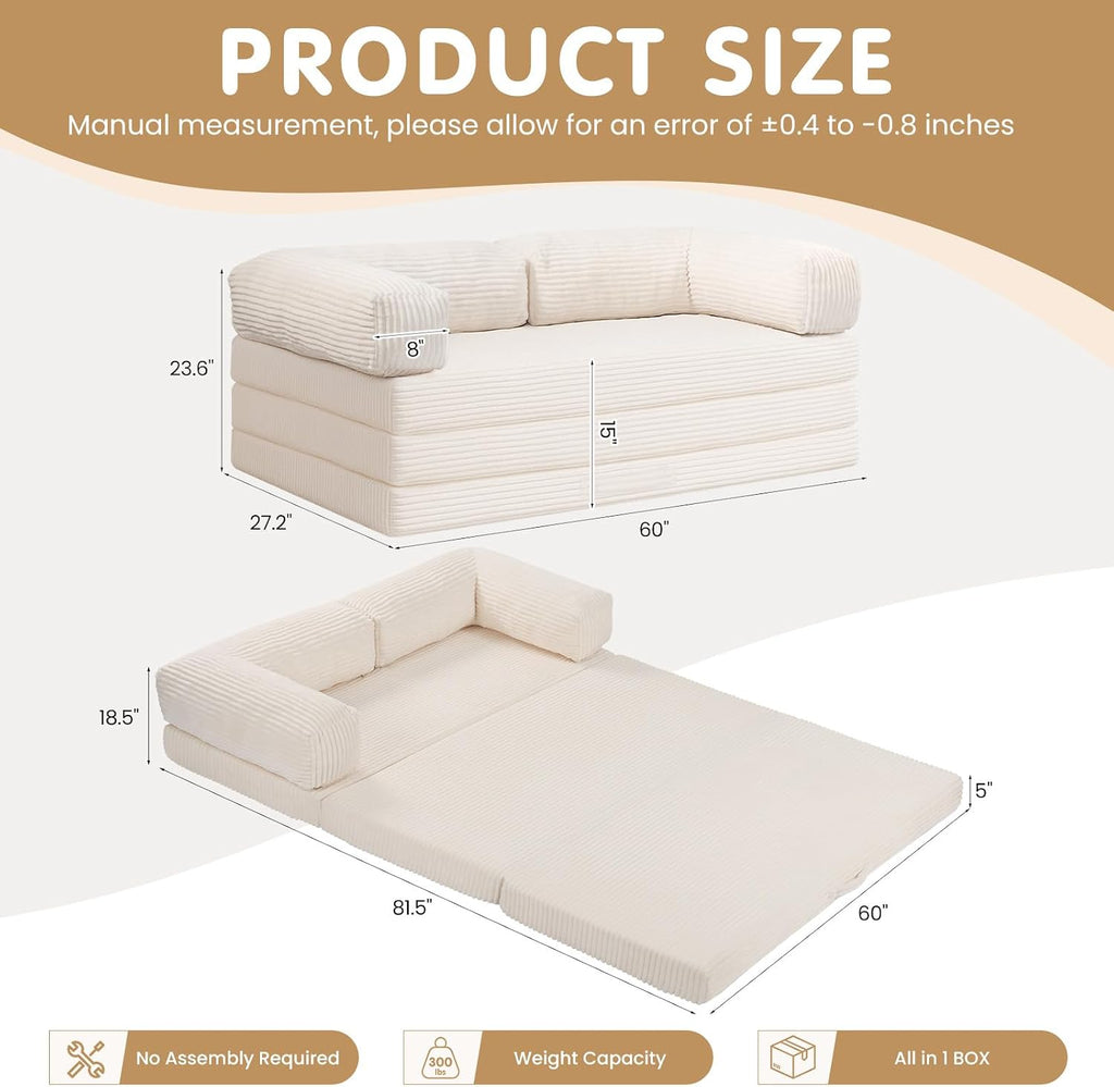 JUIKURY Folding Sofa Bed, Convertible Sleeper Chair with Pilow Foldable Matress, 2 in 1 Pull Out Loveseat Sofa Portable Fold Out Chair Bed Floor Couch Lounge for Living Room (Beige, Queen-82'L x 60'W)