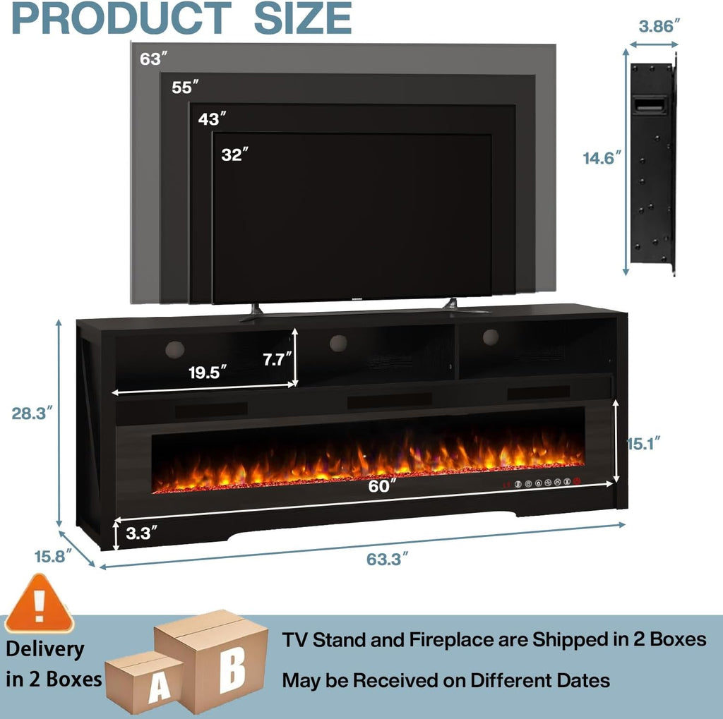 PRETZI 65' Fireplace TV Stand with 60' Glass Electric Fireplace for TVs Up to 75 inch, Modern Fireplace Entertainment Center with Open Storage Shelf, Media Console TV Cabiet for Living Room, Black