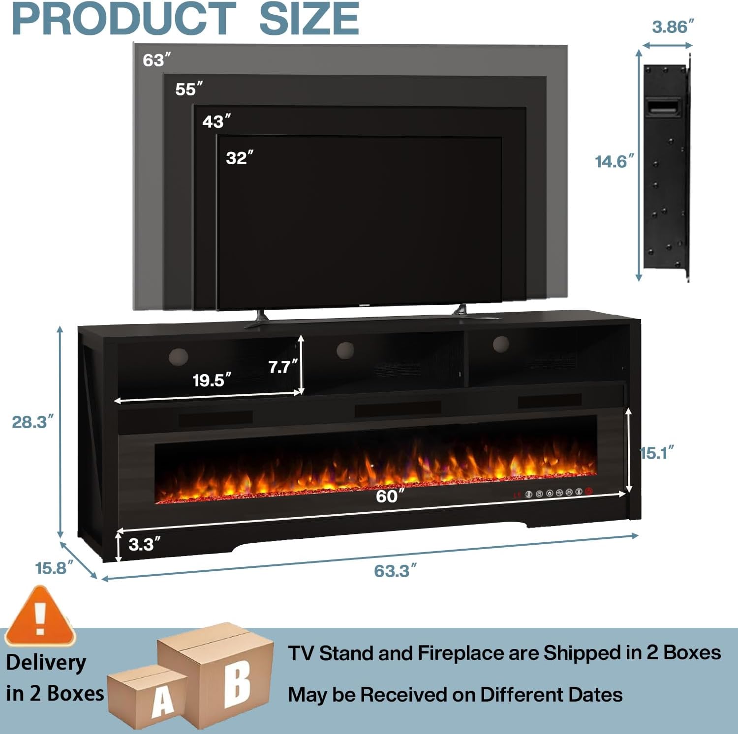 PRETZI 65' Fireplace TV Stand with 60' Glass Electric Fireplace for TVs Up to 75 inch, Modern Fireplace Entertainment Center with Open Storage Shelf, Media Console TV Cabiet for Living Room, Black