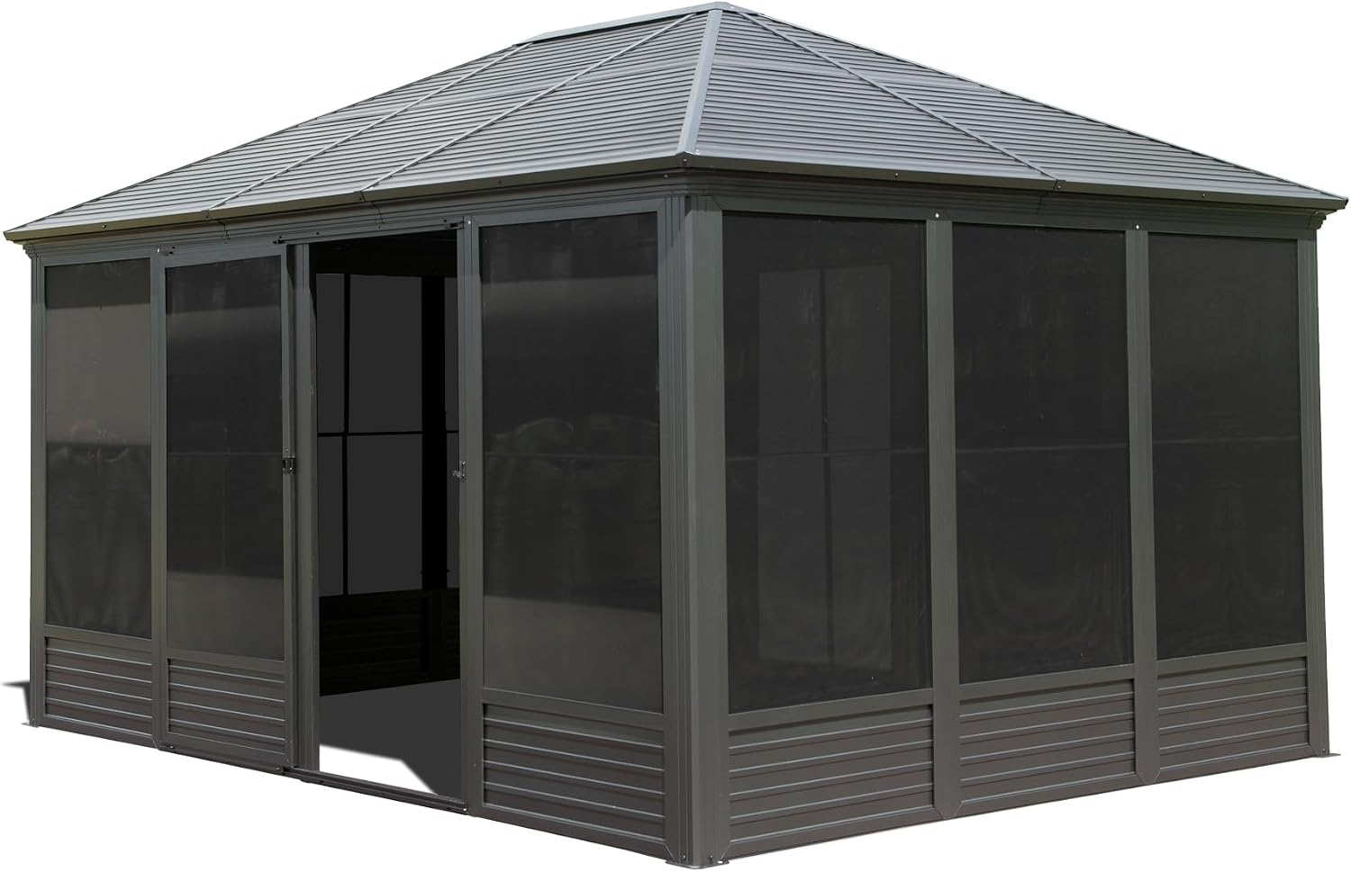 11.2'(W) x 14.6'(L) Outdoor Sunroom Aluminum Hardtop Gazebo with Galvanized Steel Roof, PVC Screen Walls and Sliding Doors, Gray