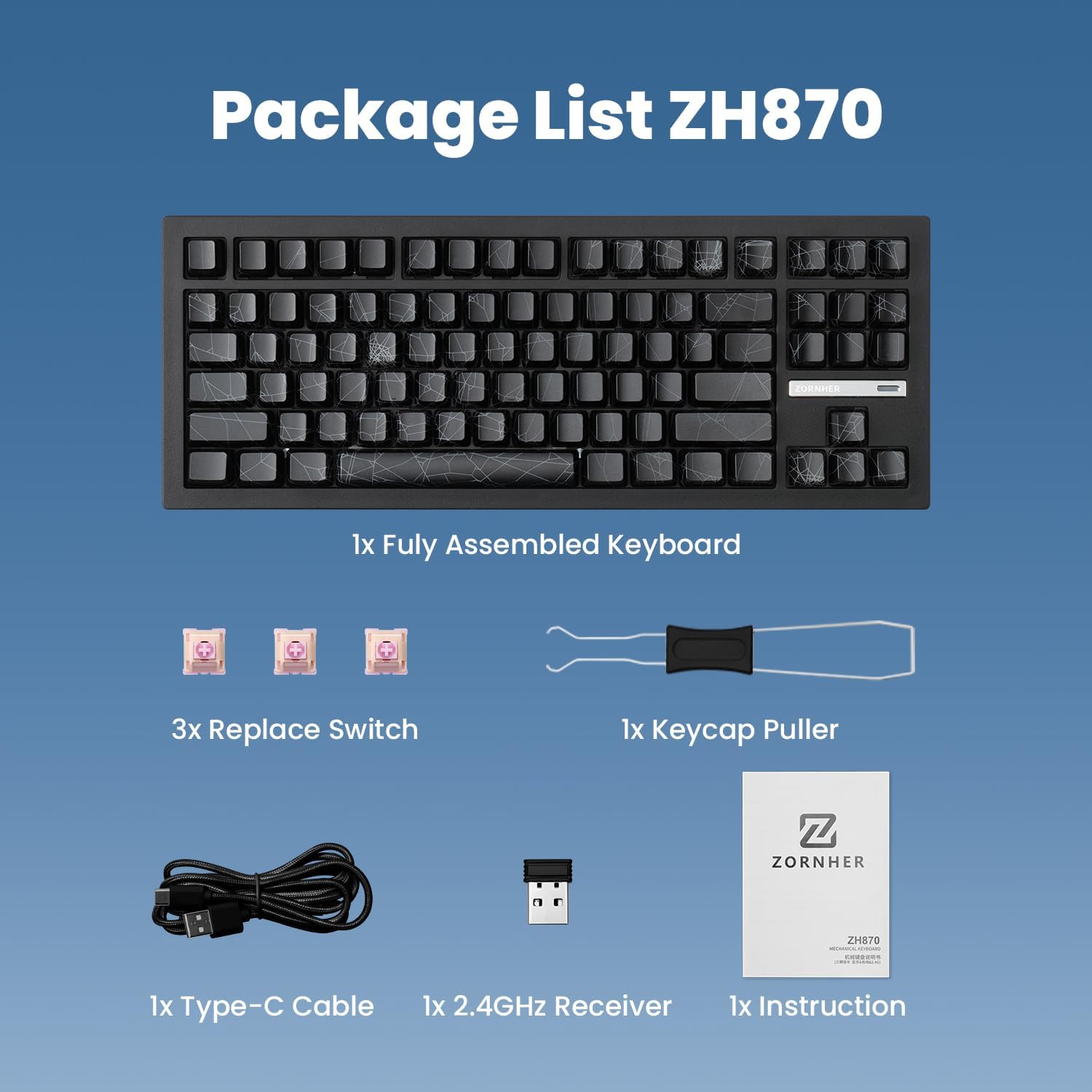 ZORNHER ZH870 Wireless Gaming Mechanical Keyboard,80% Black Custom Creamy Sound Keyboard with Spider Web IMD PC Keycaps,Creamy Sounding Linear Switches,Hot-Swappable,RGB Backlit,2.4GHz/USB-C/BT5.0