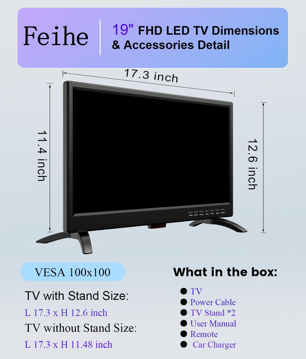 19 Inch LED Widescreen TV with Digital ATSC Tuners HDMI/VGA/RCA/USB, 19 Inch Flat Screen TV w/Built in Dual Speakers for Kitchen and RV Camper(No Smart Telesivion)
