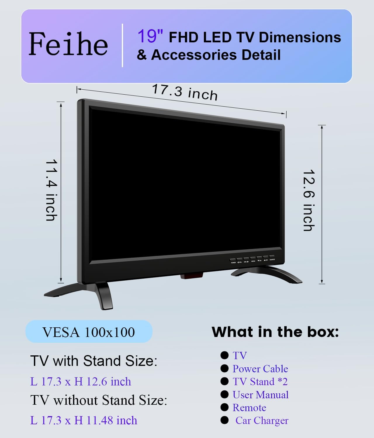 19 Inch LED Widescreen TV with Digital ATSC Tuners HDMI/VGA/RCA/USB, 19 Inch Flat Screen TV w/Built in Dual Speakers for Kitchen and RV Camper(No Smart Telesivion)