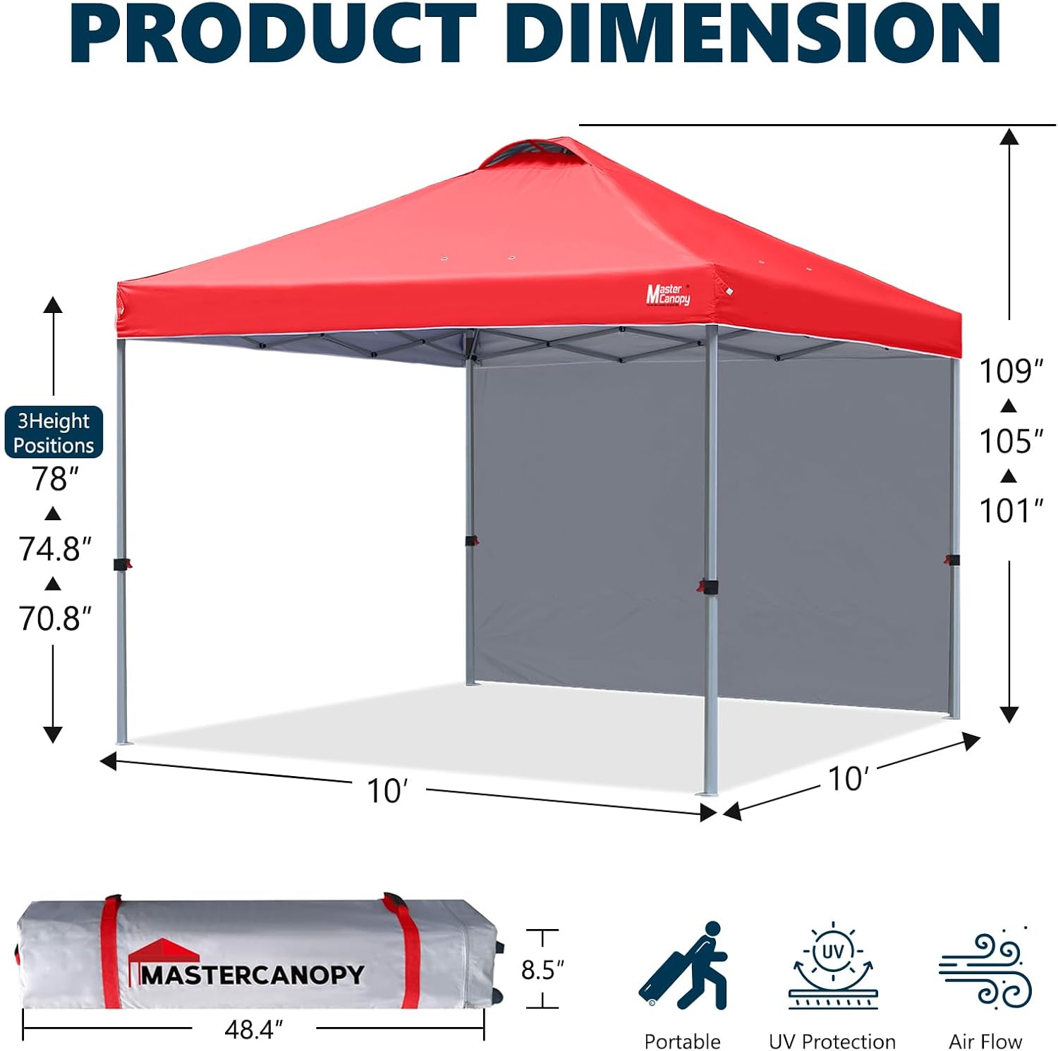 MASTERCANOPY Durable Pop-up Canopy Tent with 1 Sidewall (10'x10', Red)