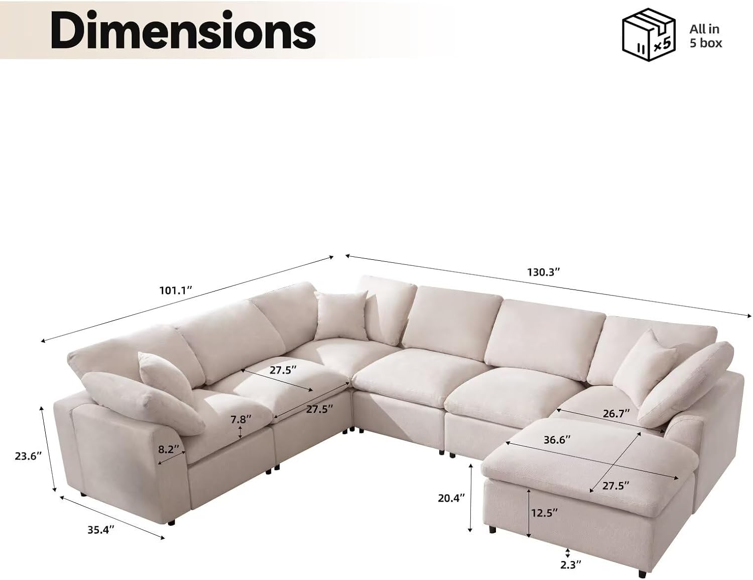 Siiejia Modular Sectional Sofa Modern Oversized Chenille Cloud Couch with Movable Ottoman 7 Seater L-Shaped Sofas Comfy Couches for Living Room Spacious Space Office Lounge, Beige