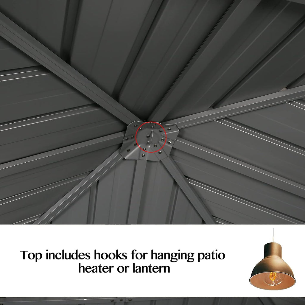 Ulax Furniture Outdoor Hardtop Gazebo Patio Aluminum Permanent Pergola with Galvanized Steel Roof, Mosquito Net and Privacy Curtain (10' x 10')