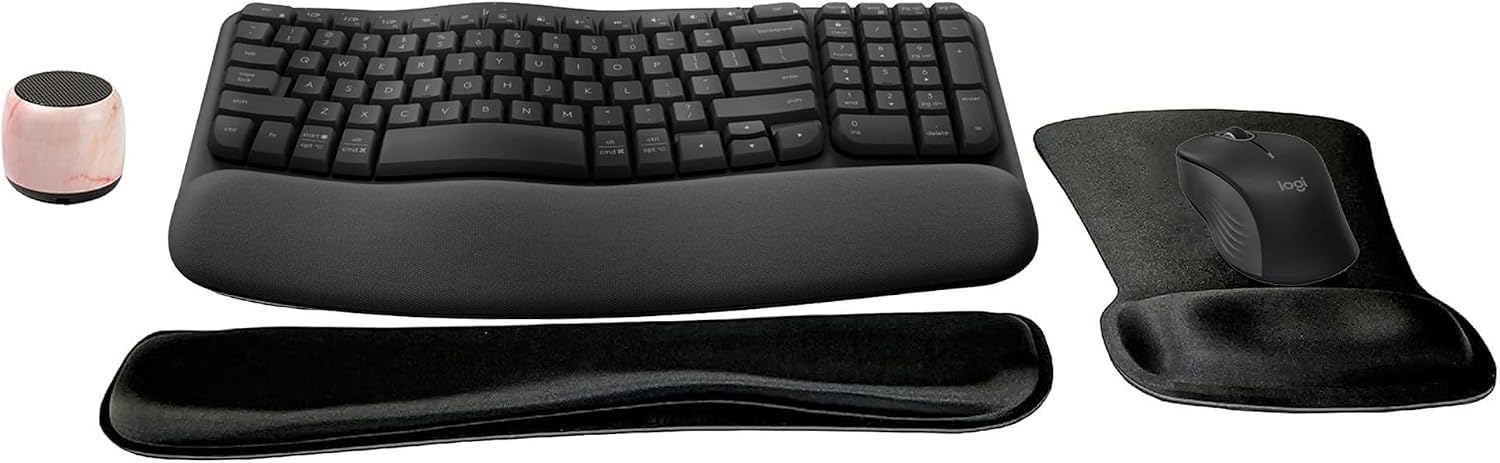 Logitech MK670 Comfort Wave Wireless Keyboard & Mouse Combo Home Office Active Lifestyle Modern Bundle with Special Edition Micro Portable Wireless Bluetooth Speaker, Gel Wrist Pad & Gel Mouse Pad