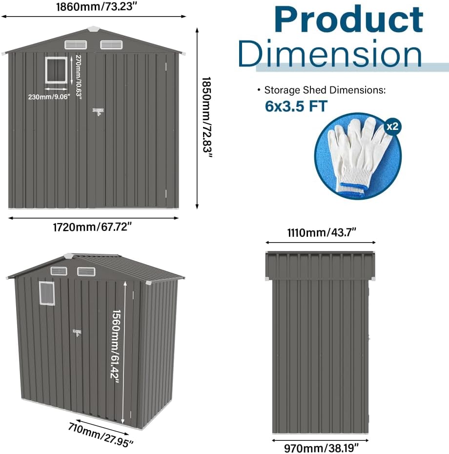 6X3.5 FT Metal Storage Shed Outdoor Tool Shed with Window, Lockable Door & Vents, Waterproof Backyard Garden Storage for Tools, Bikes, Sundries, Patio (Gray)
