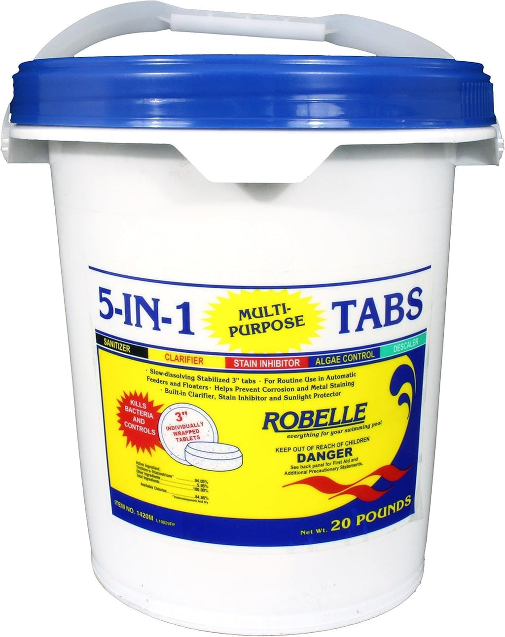 Robelle 20-Pounds Premium 5-in-1 Multi-Purpose Tabs, Chlorine Tablets 3 Inch, Sanitizer, Clarifier, Stain Inhibitor, Algae Control, Descaler, Sunlight Protector All in one, Made in USA