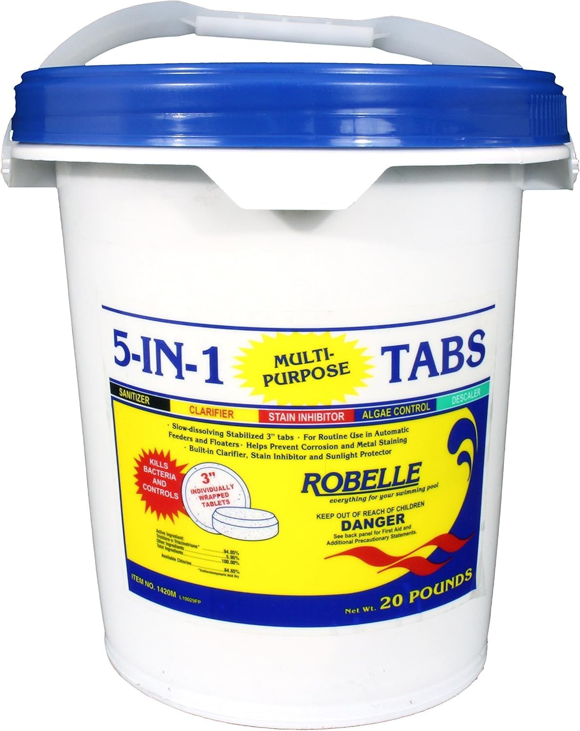 Robelle 20-Pounds Premium 5-in-1 Multi-Purpose Tabs, Chlorine Tablets 3 Inch, Sanitizer, Clarifier, Stain Inhibitor, Algae Control, Descaler, Sunlight Protector All in one, Made in USA