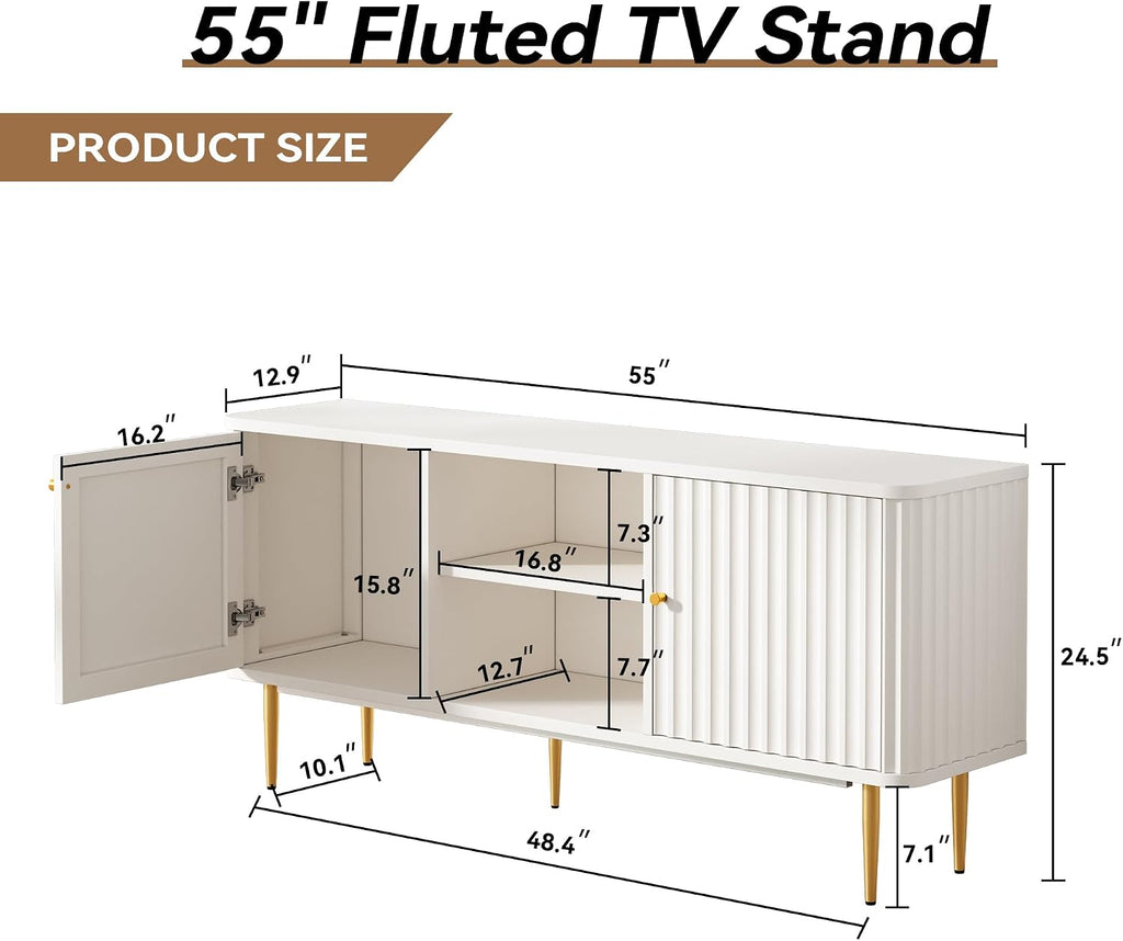 ARTPOWER 55' Fluted TV Stand, Mid Century Modern White TV Stand for 55/60/65 inch TV, Entertainment Center with Storage, Television Stands, TV Console, Media Console for Living Room, Bedroom