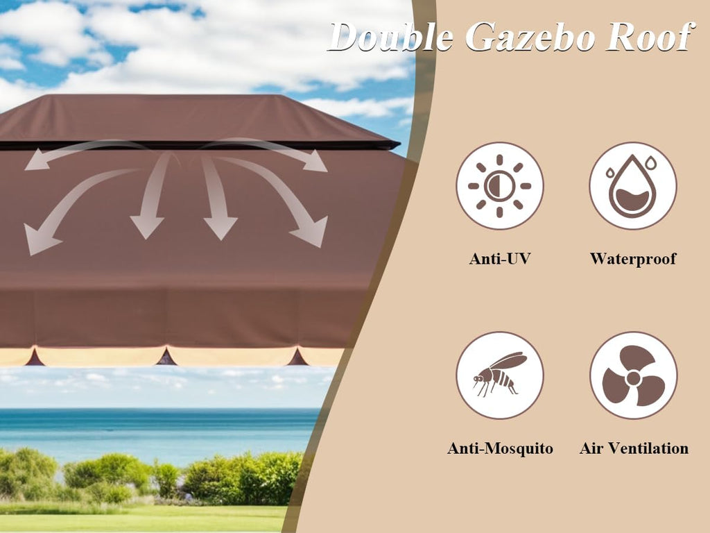 10x13 Gazebo for Patio, Outdoor Gazebo with Mosquito Netting & Curtains, Double Tier Roof Round Leg Marquee Canopy Shelter for Garden, Deck, Backyard, Lawn (D/DCO)