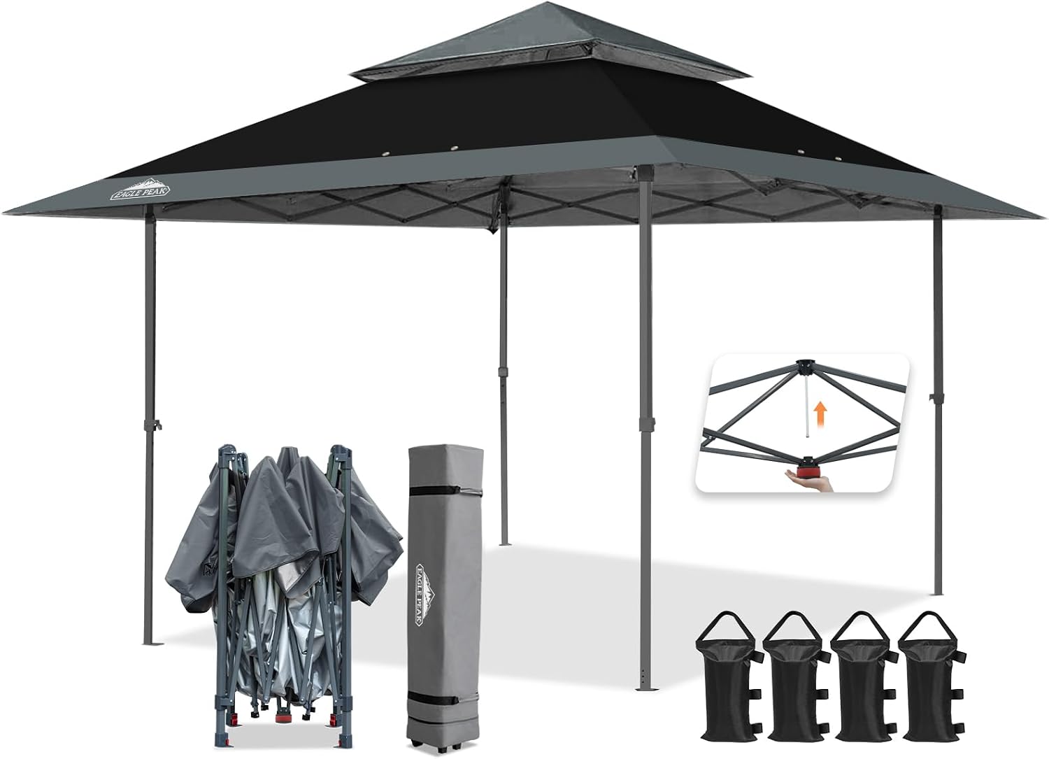EAGLE PEAK 13x13 Straight Leg Pop Up Canopy Tent Instant Outdoor Canopy Easy Single Person Set up Folding Shelter w/Auto Extending Eaves 169 Square Feet of Shade (Black/Gray)