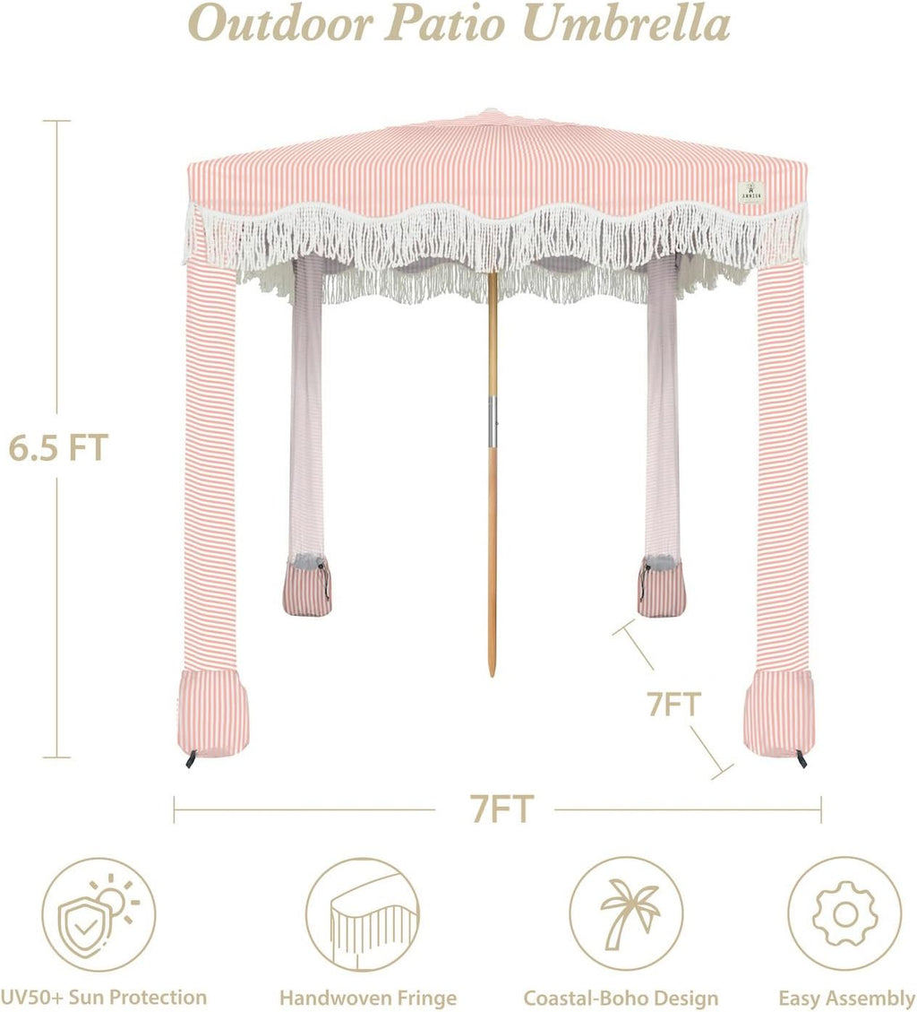 AMMSUN Beach Cabana with Fringe, 7' x 7' Boho Beach Canopy with Tassels, Easy Set up & Premium Wood Pole, Cabana Tent with Sand Pockets, Instant Sun Shade for Sand, Garden, Patio, Pink Stripes