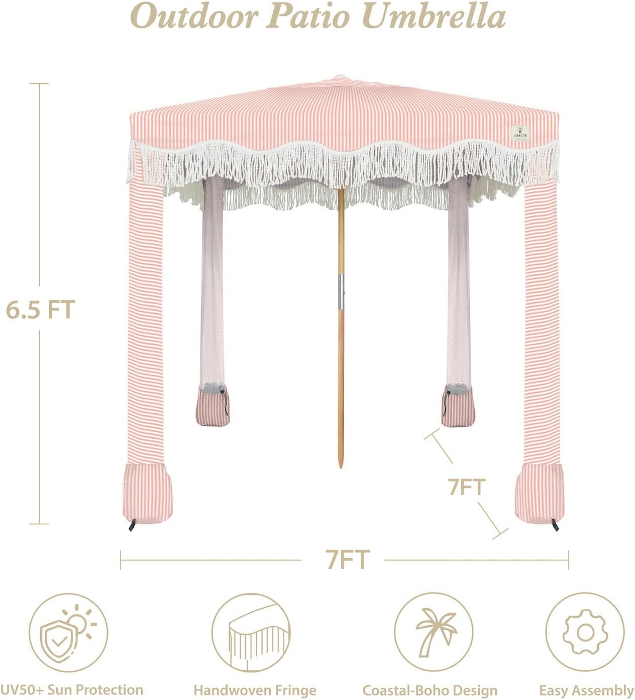 AMMSUN Beach Cabana with Fringe, 7' x 7' Boho Beach Canopy with Tassels, Easy Set up & Premium Wood Pole, Cabana Tent with Sand Pockets, Instant Sun Shade for Sand, Garden, Patio, Pink Stripes
