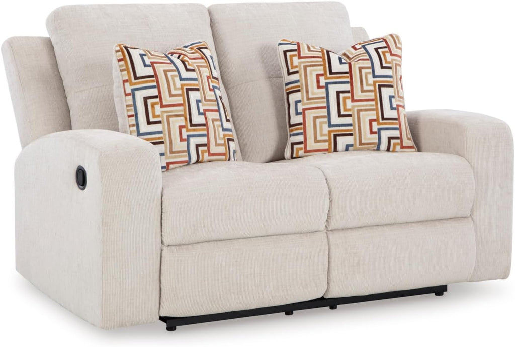 Signature Design by Ashley Danum Modern Tufted Manual Reclining Loveseat with 2 Accent Pillows, Beige