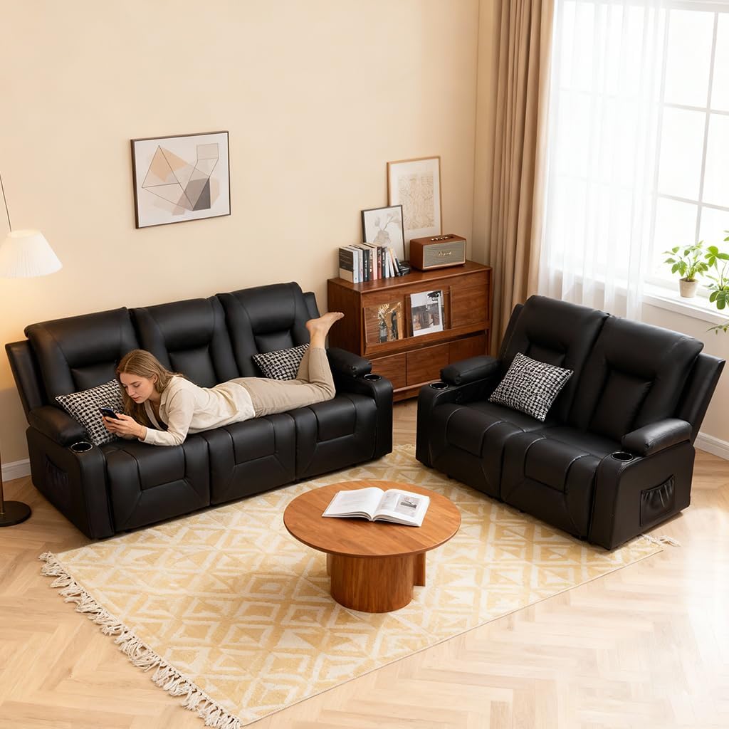 COMHOMA Living Room Furniture Set,Faux Leather Manual Recliner Sofa Sets with Cup Holders,Reclining Couch,Loveseat and Armchair,3+2,Black
