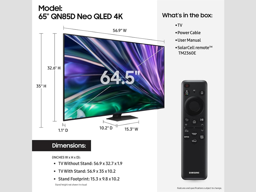 Samsung 65-Inch Class QLED 4K QN85D Series Mini LED, Neo Quantum HDR Smart TV w/Dolby Atmos, Object Tracking Sound Lite, Real Depth Enhancer Pro, Alexa Built-in (QN65QN85D, 2024 Model)