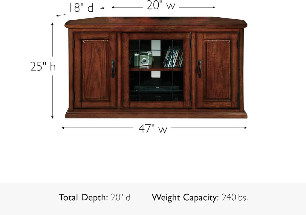 Leick Home 80385 Leaded Glass Three Door Corner TV Stand with Enclosed Storage For 50' TV's, Burnished Oak