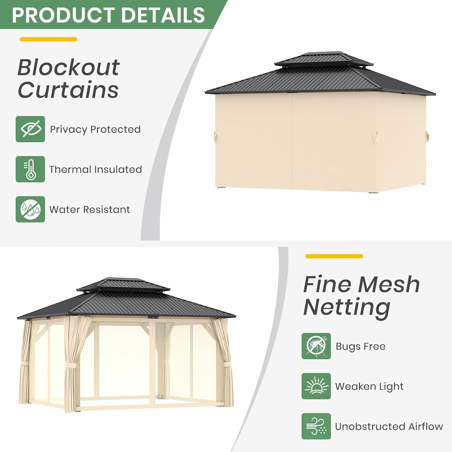 LVUYOYO 11' x 13' Wood Gazebo, Outdoor Hardtop Gazebo, Double Galvanized Steel Roof Gazebos Pergola with Curtains and Nettings, Wooden Pavilion for Patio, Backyard, Deck, Garden