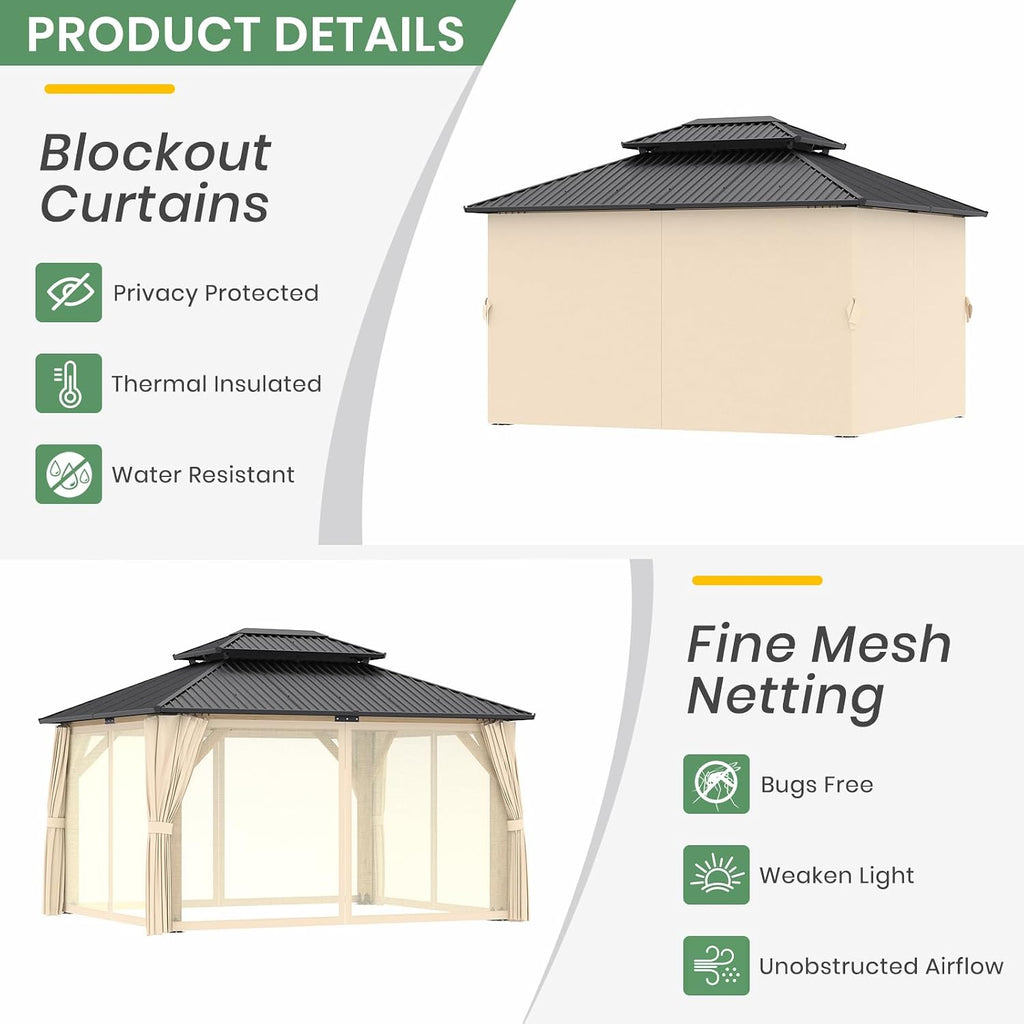 LVUYOYO 13' x 15' Wood Gazebo, Outdoor Hardtop Gazebo, Double Galvanized Steel Roof Gazebos Pergola with Curtains and Nettings, Wooden Pavilion for Patio, Backyard, Deck, Garden